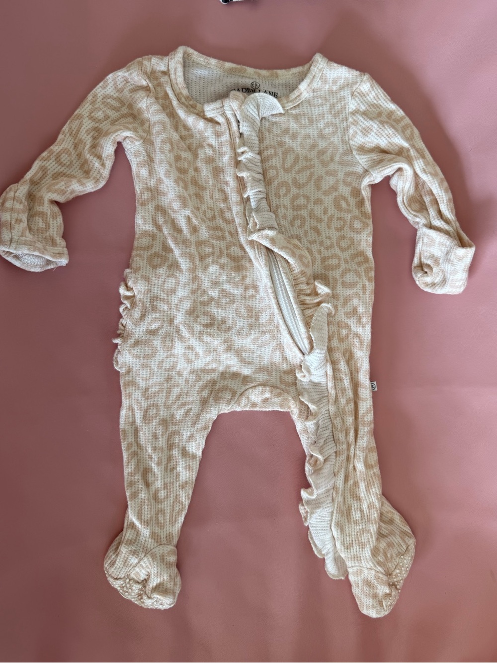 Caden Lane Cream Beige Leopard Ruffle Zip Footed One-Piece